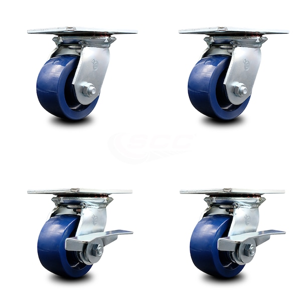4 Inch Solid Poly Swivel Caster Set with Ball Bearings 2 Brakes